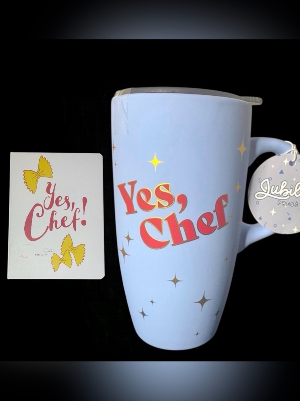 Yes, Chef Tumbler & Notebook Light Blue w/Red Print / Gold Stars * Jubillie NEW